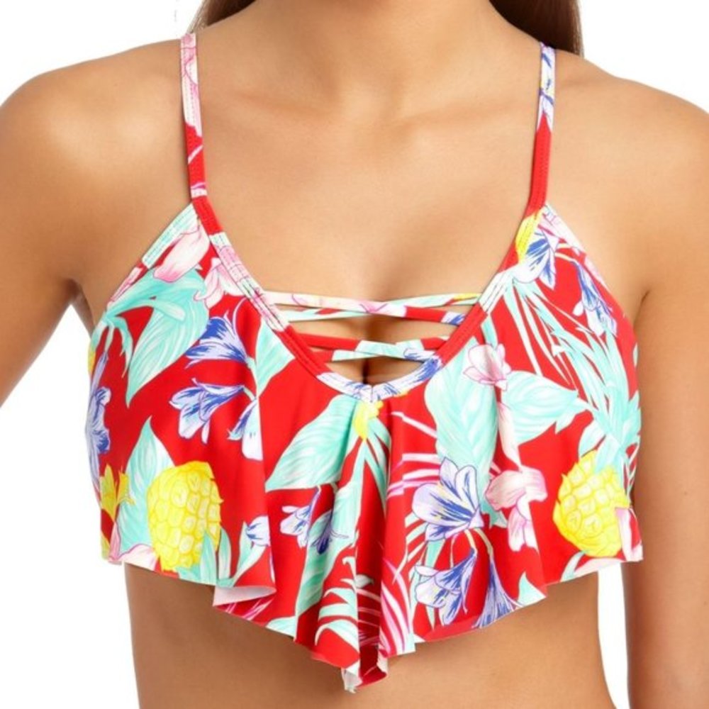 California‎ Waves Floral Print Flounce Bikini Top XS